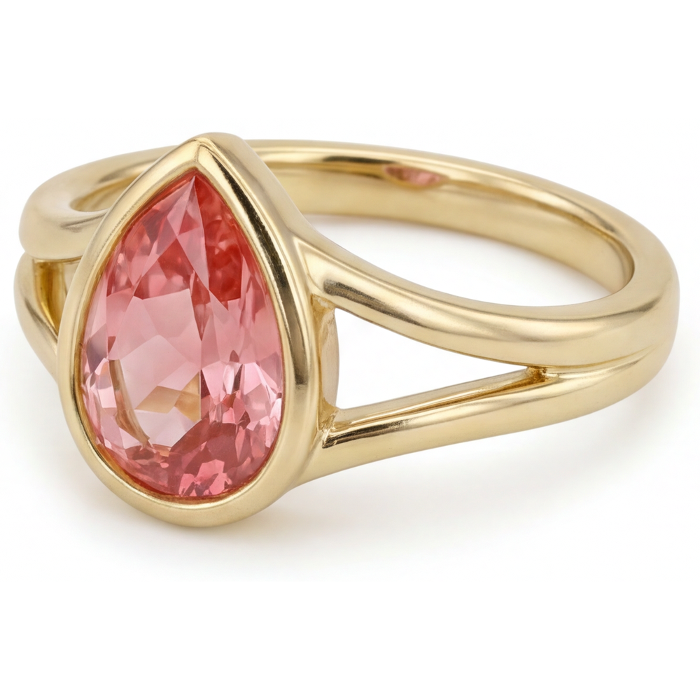 Peach Color Sapphire 2 Carat Real Pear Padparadscha Bezel Solitaire Ring 14K Yellow Gold