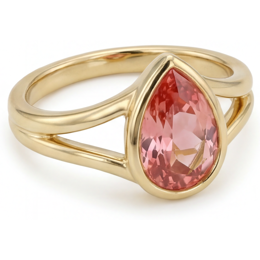 Peach Color Sapphire 2 Carat Real Pear Padparadscha Bezel Solitaire Ring 14K Yellow Gold