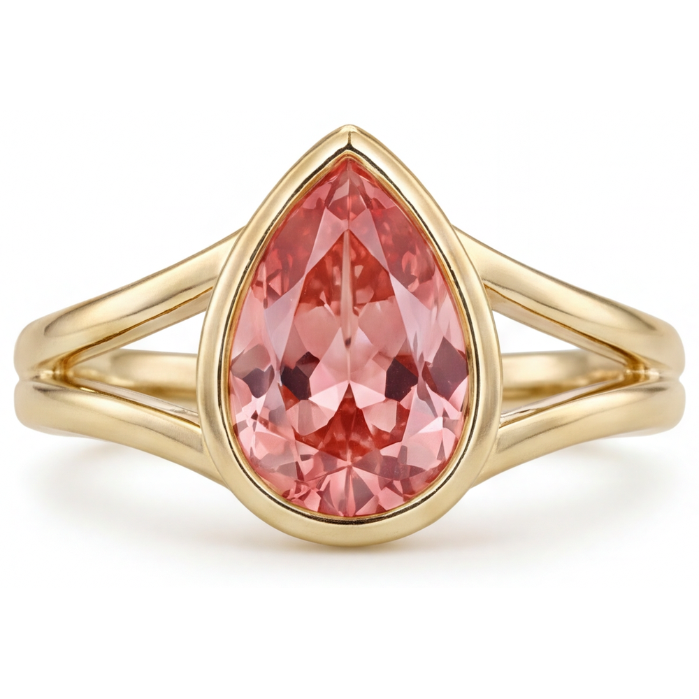 Peach Color Sapphire 2 Carat Real Pear Padparadscha Bezel Solitaire Ring 14K Yellow Gold