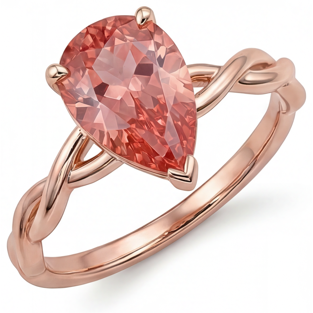 Peach Pink Sapphire 2 Carat Real Pear Padparadscha Solitaire Ring 14K Rose Gold