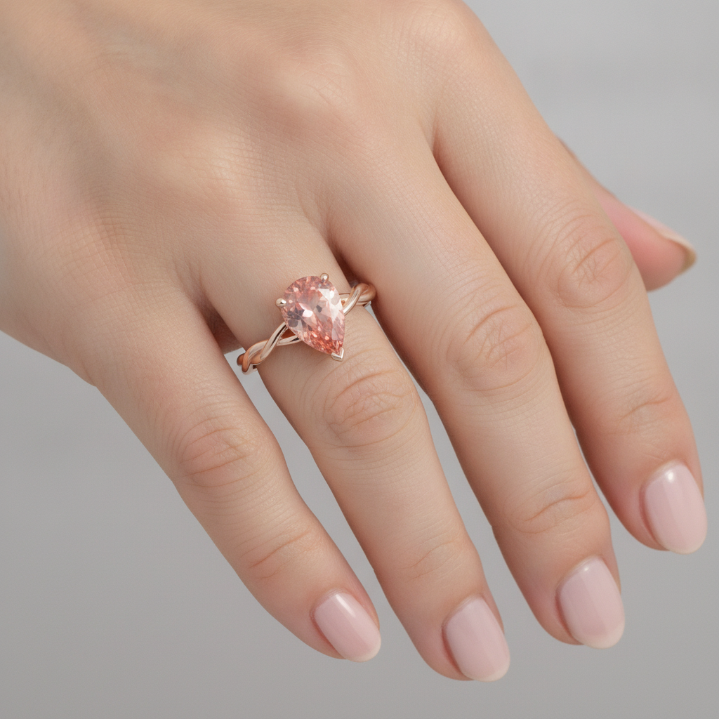 Peach Pink Sapphire 2 Carat Real Pear Padparadscha Solitaire Ring 14K Rose Gold