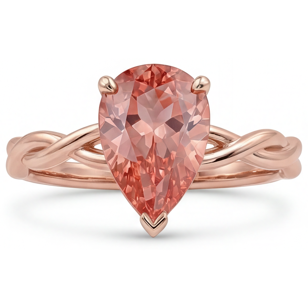 Peach Pink Sapphire 2 Carat Real Pear Padparadscha Solitaire Ring 14K Rose Gold