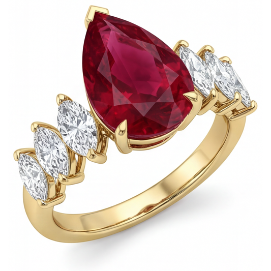 Pigeon Blood Ruby 3-Stone Ring 4-ct 14K Yellow Gold – main view