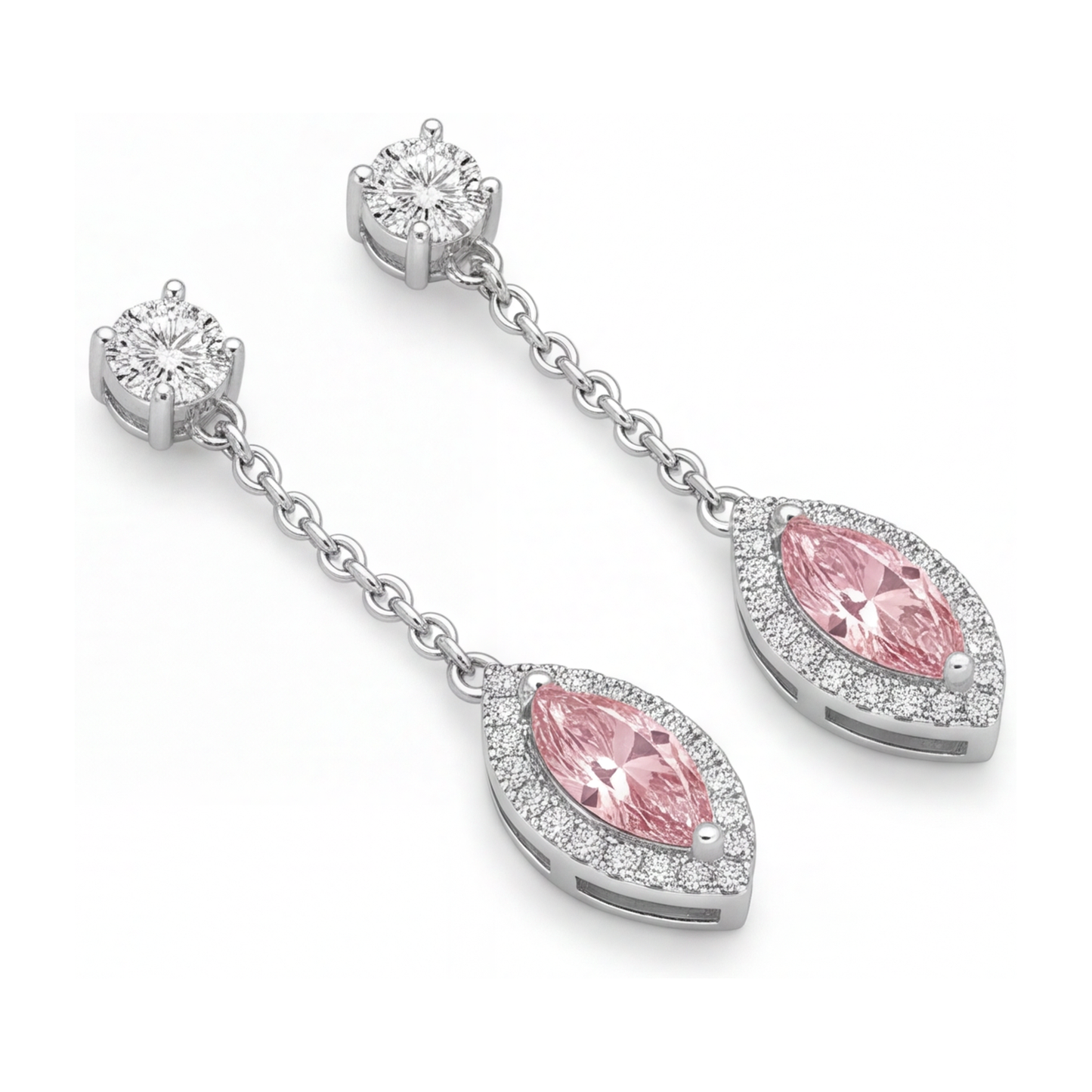 Pink Diamond Drop Earrings 2.5 Carat Lab Grown Marquise Halo Long Dangle 14K White Gold