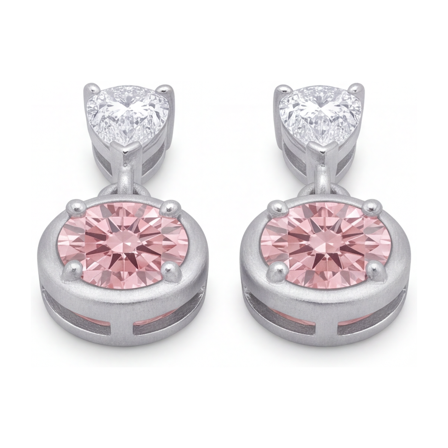 Pink Diamond Drop Earrings 3 Carat Lab Grown Round Bezel Pear Tops 14K White Gold