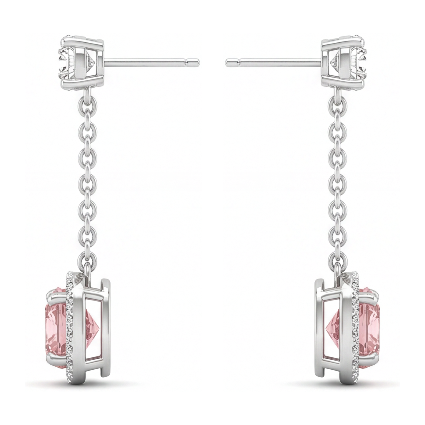 Pink Diamond Drop Earrings 3 Carat Lab Grown Cushion Halo Dangle 14K White Gold