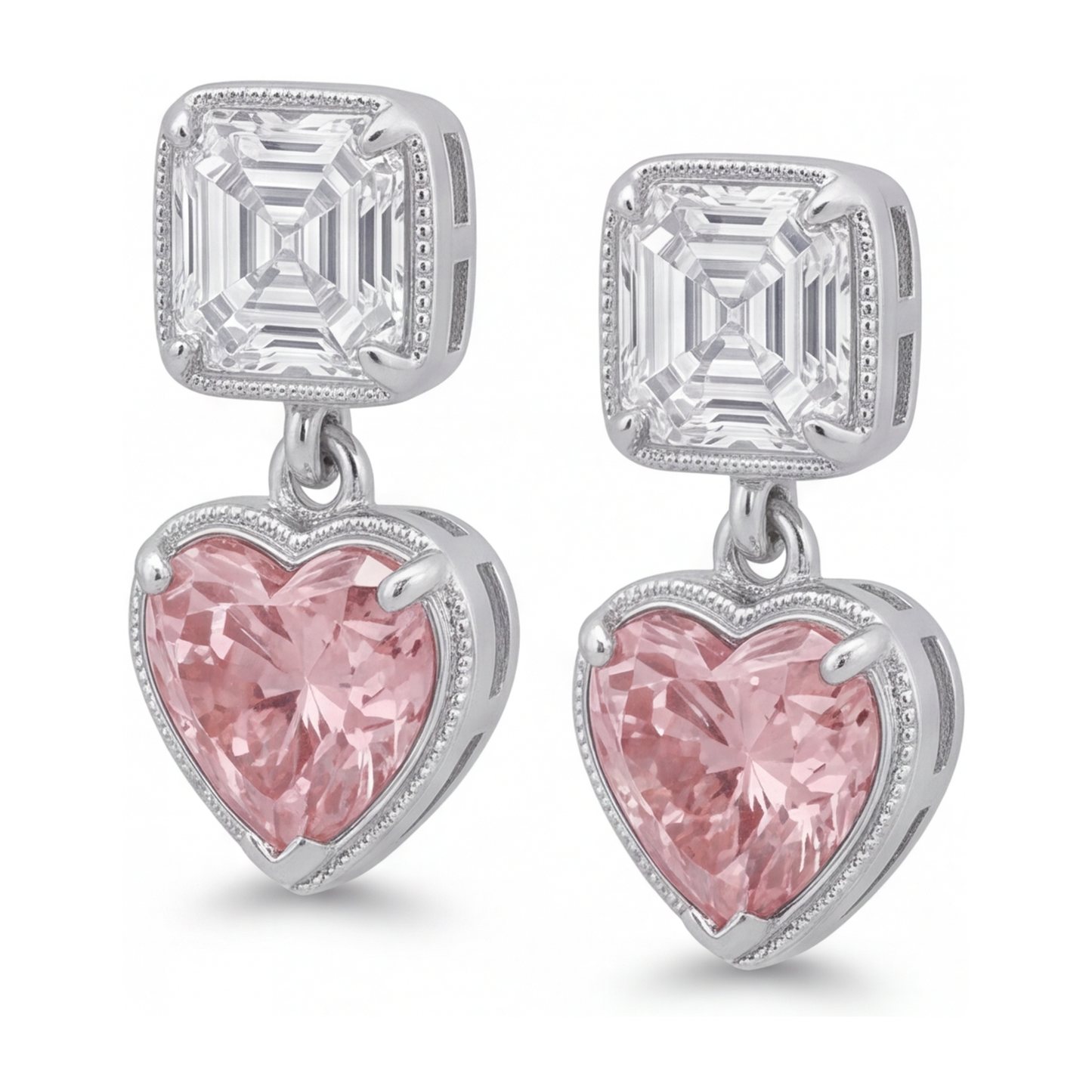 Pink Diamond Drop Earrings 4.5 Carat Lab Grown Heart Milgrain Asscher Tops 14K White Gold