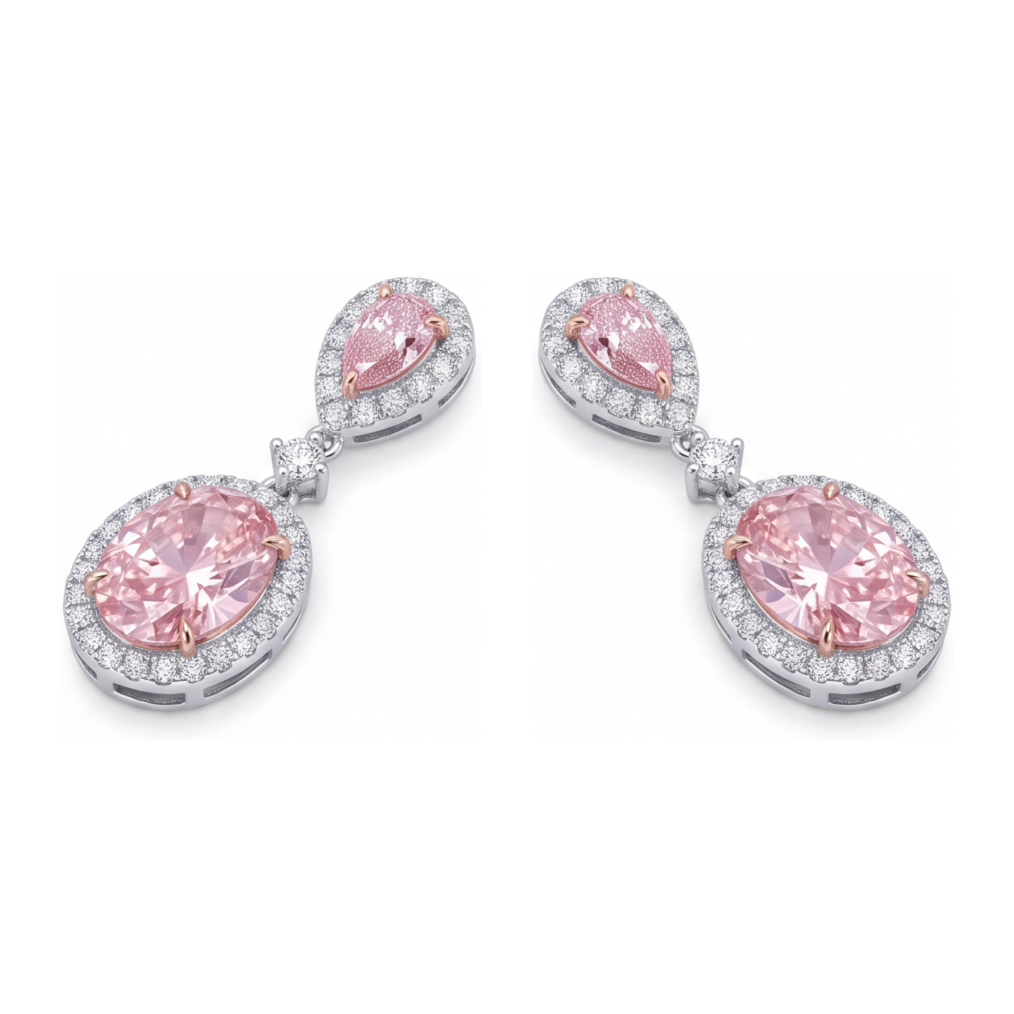Pink Diamond Drop Earrings 4.5 Carat Lab Grown Oval Halo Pear Tops 14K White Gold