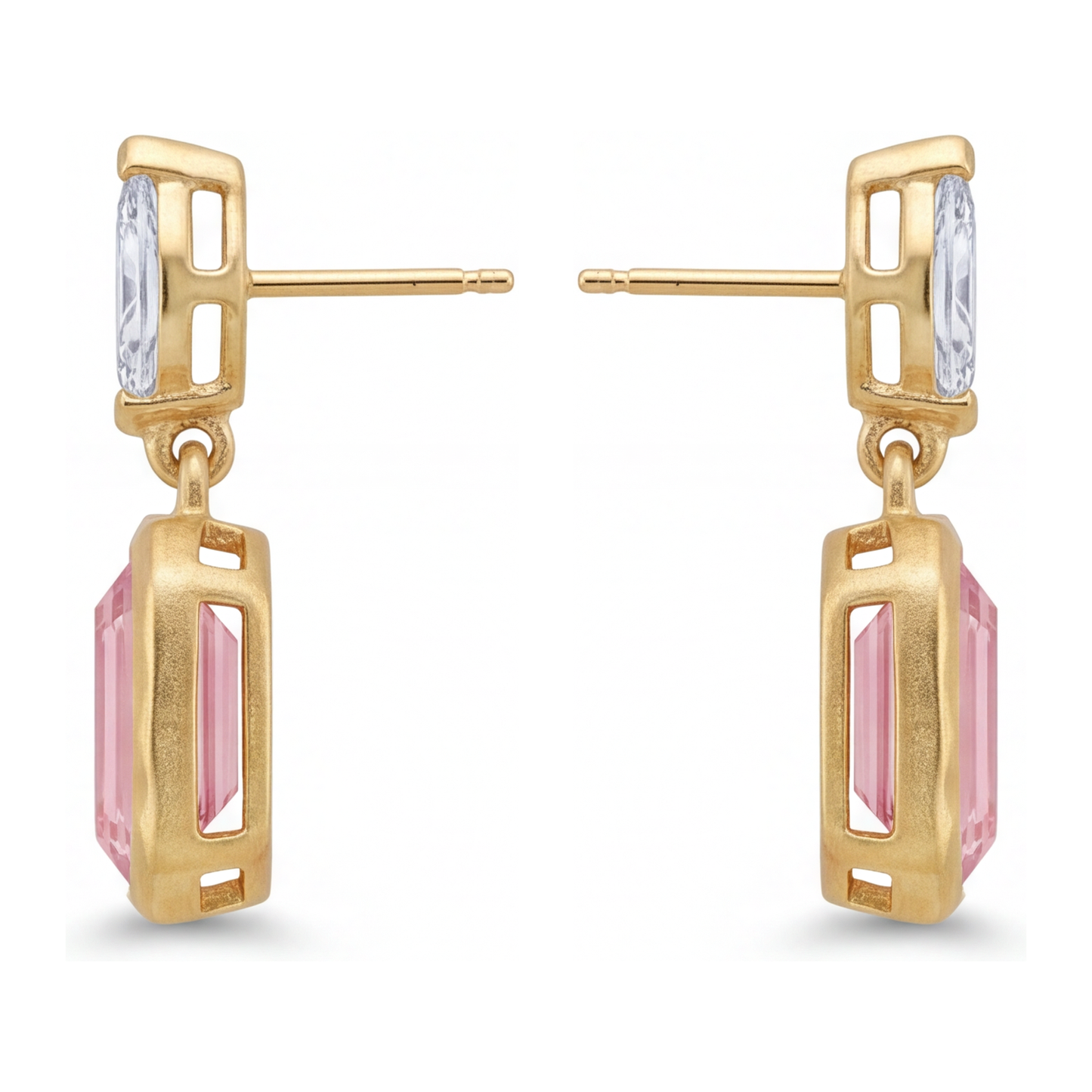 Pink Diamond Drop Earrings 4 Carat Lab Grown Emerald Cut Bezel Marquise Tops 14K Yellow Gold