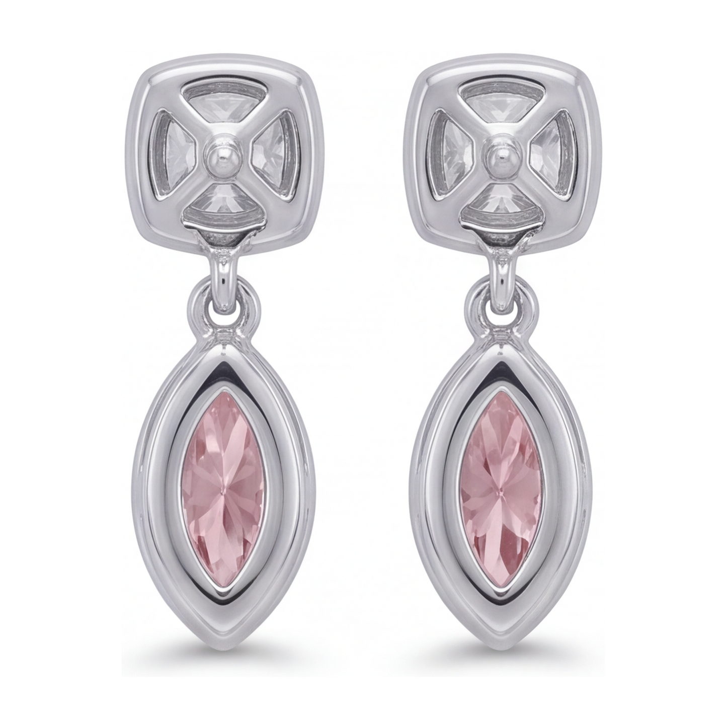 Pink Diamond Drop Earrings 4 Carat Lab Grown Marquise Bezel Cushion Tops 14K White Gold
