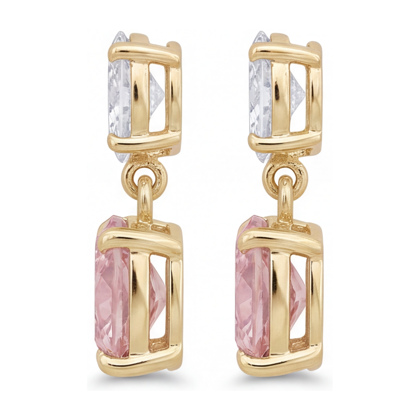 Pink Diamond Drop Earrings 4 Carat Lab Grown Cushion Oval Tops 14K Yellow Gold