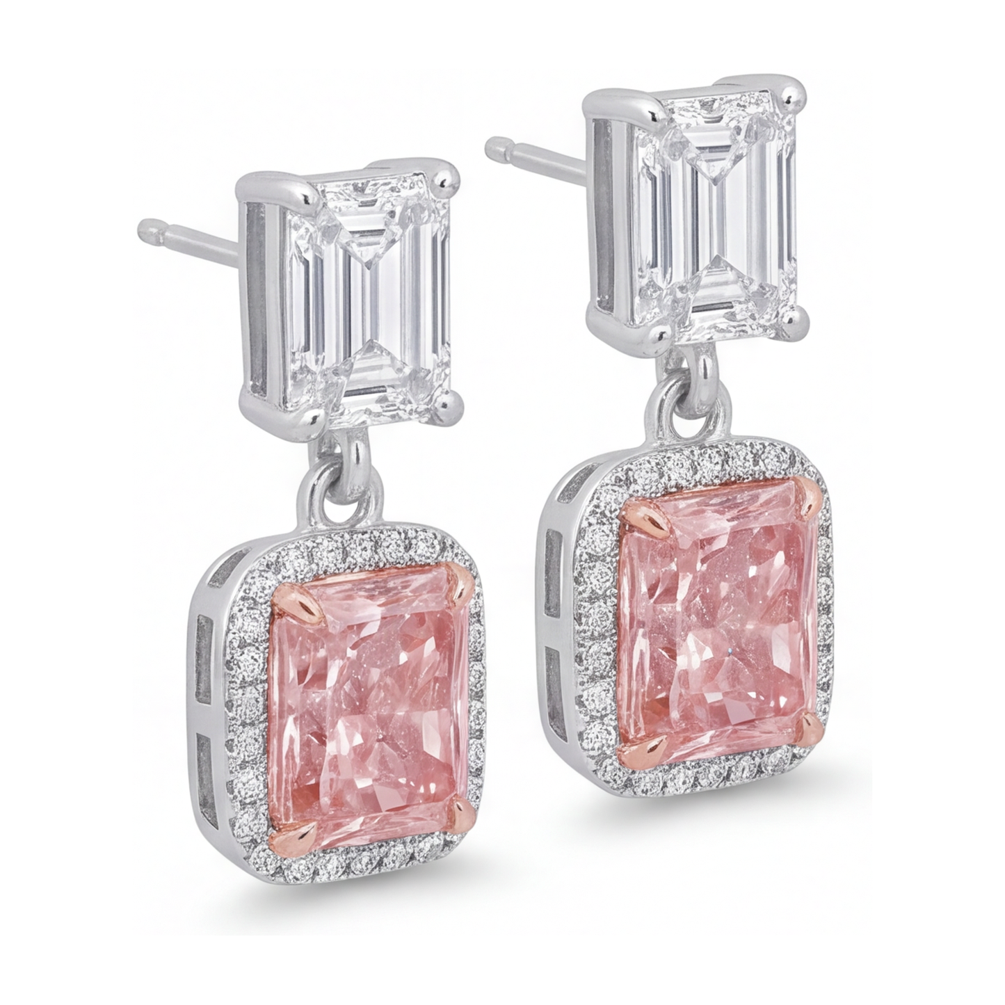 Pink Diamond Drop Earrings 5 Carat Lab Grown Radiant Halo Emerald Cut Tops 14K White Gold