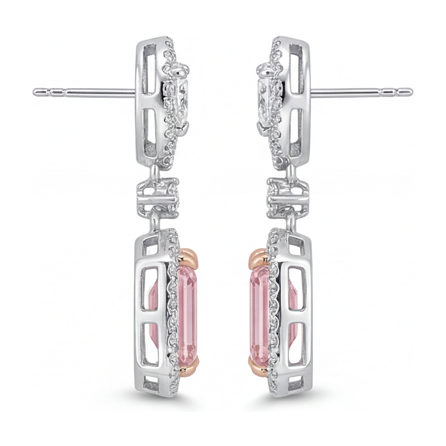 Pink Diamond Drop Earrings 5 Carat Lab Grown Emerald Cut Halo 14K White Gold