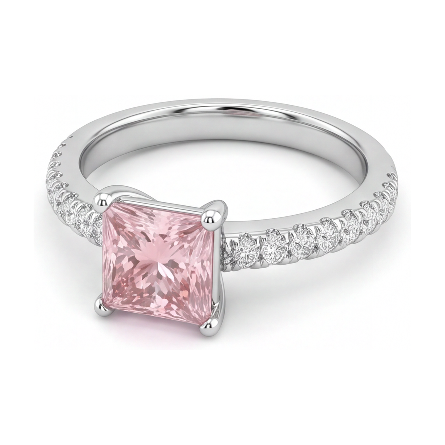 Pink Diamond Ring 3.5 Carat Lab Grown Princess Pave Solitaire 14K White Gold