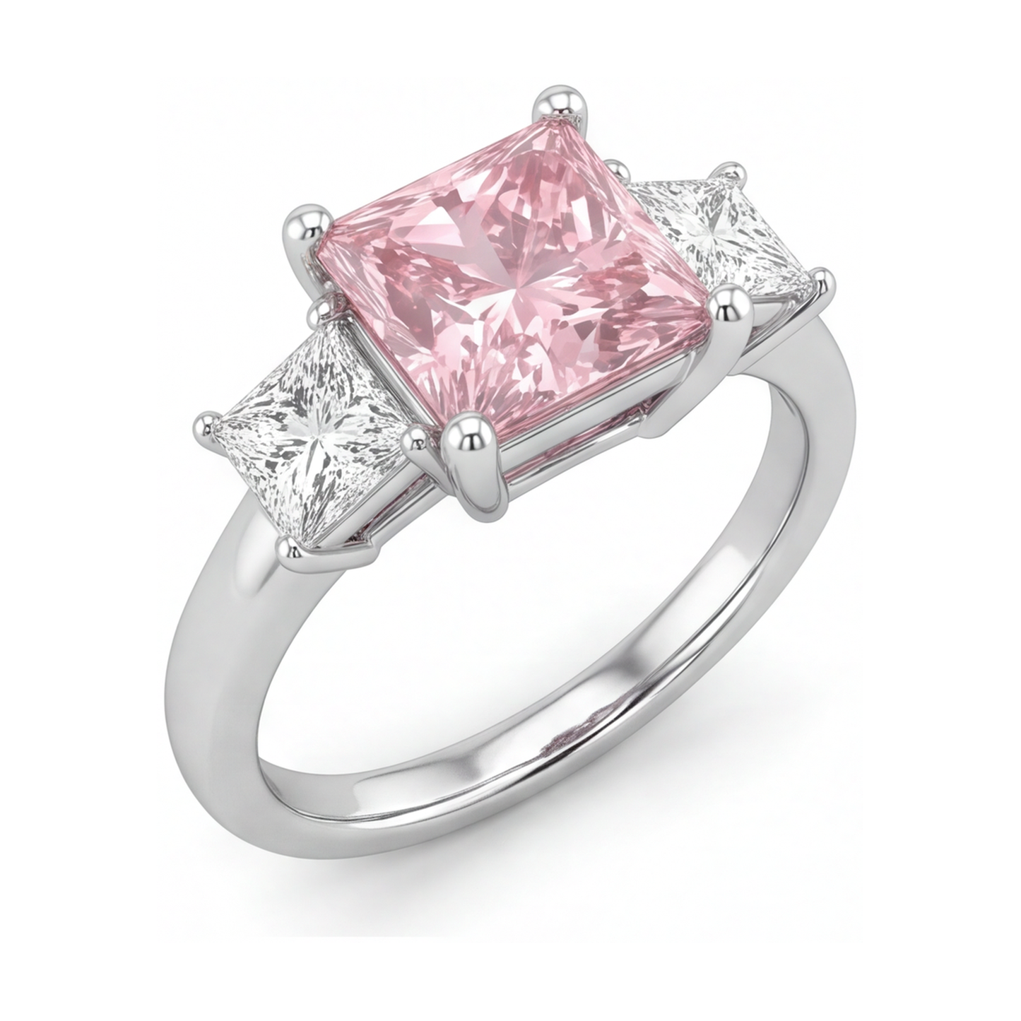 Pink Diamond Ring 4.5 Carat Lab Grown Princess Three Stone 14K White Gold