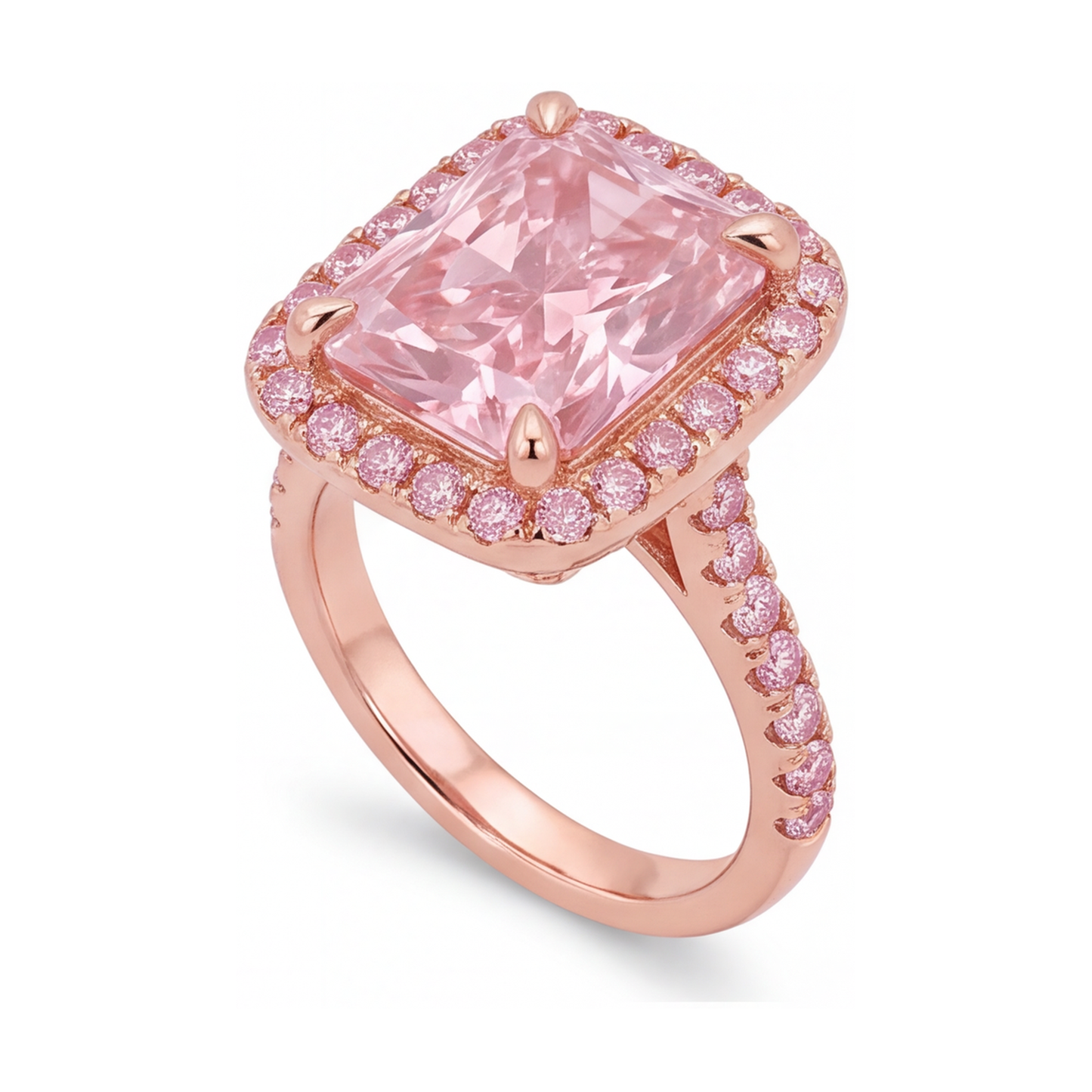 Pink Diamond Ring 6 Carat Lab Grown Radiant Halo Pave 14K Rose Gold