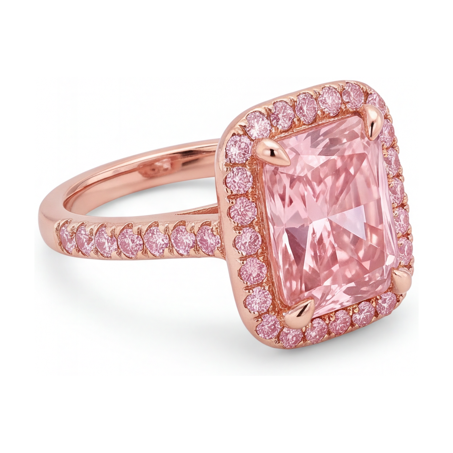 Pink Diamond Ring 6 Carat Lab Grown Radiant Halo Pave 14K Rose Gold