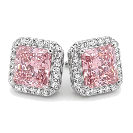 Pink Diamond Stud Earrings 3.5 Carat Lab Grown Radiant Halo 14K White Gold