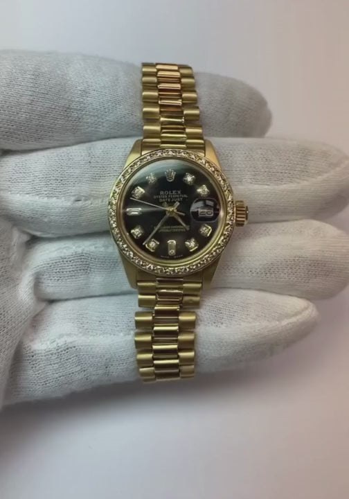 Yg President Style Rolex Date Just Watch Bezel Diamond Dial Black
