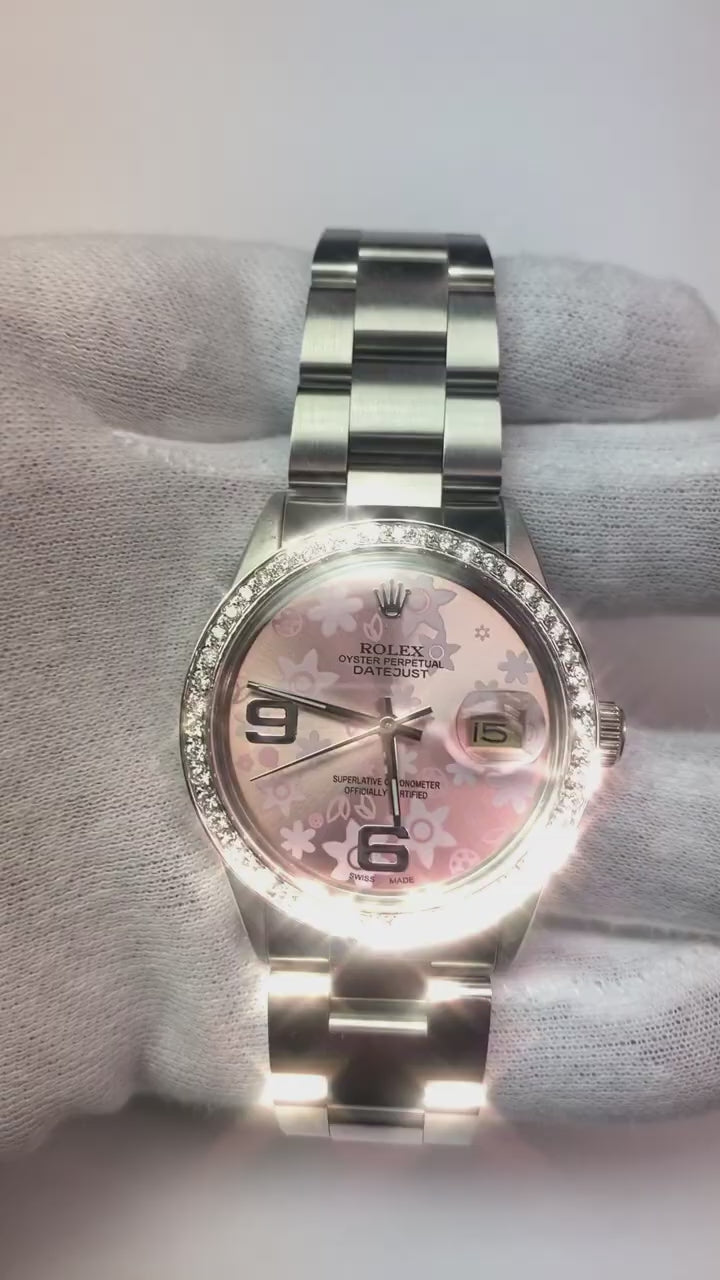 Stainless Steel Rolex Datejust Mens Watch Pink Dial Diamond Bezel-QUICK SET
