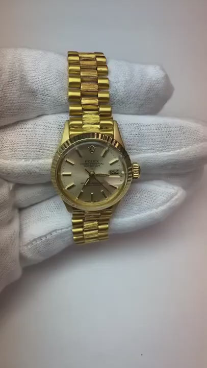 Rolex President Stick Dial Fluted Bezel Yellow Gold Lady Watch
