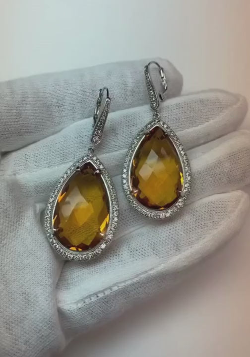 48.88 Ct Citrine And Natural Earth Mined Diamond ( Not Lab Grown ) Women Dangle Earrings
