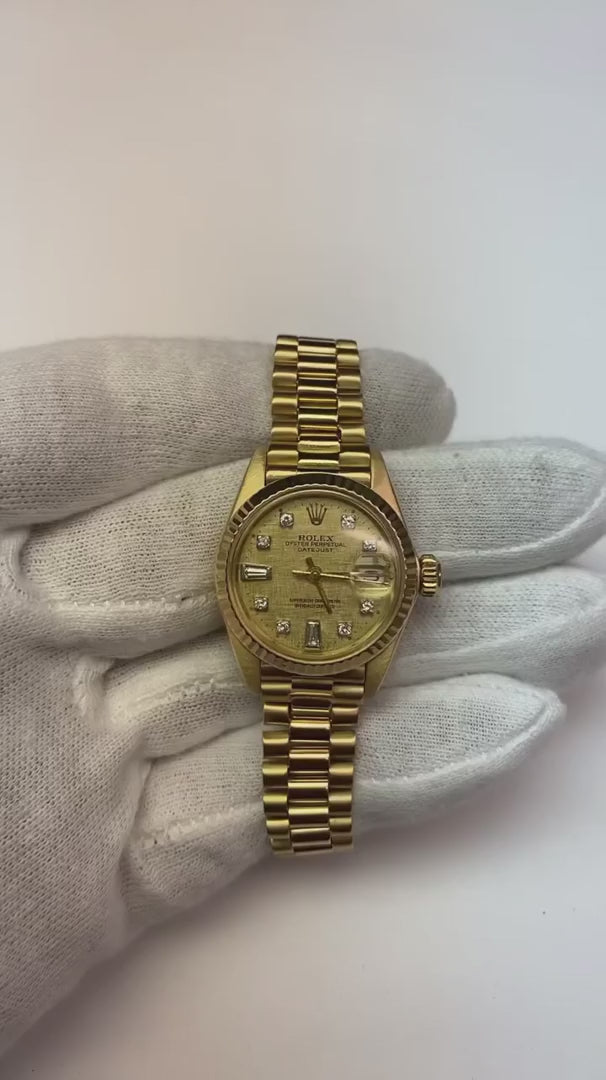 Rolex President Diamond Dial Fluted Bezel Yellow Gold Lady Watch
