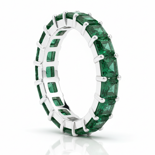 Emerald Ring 1.16 Carat Real Princess Full Eternity 18K White Gold