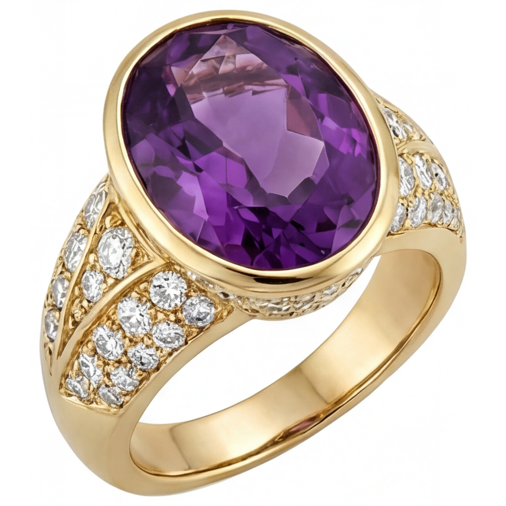 Oval Purple Amethyst ring in 14K Yellow Gold – side view