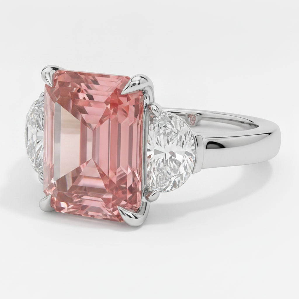 Padparadscha Sapphire Ring 3.6 Carat Natural Radiant and White Half Moon Three Stone Platinum