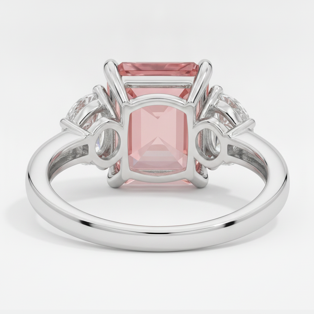 Padparadscha Sapphire Ring 3.6 Carat Natural Radiant and White Half Moon Three Stone Platinum