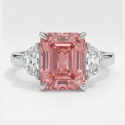 Padparadscha Sapphire Ring 3.6 Carat Natural Radiant and White Half Moon Three Stone Platinum