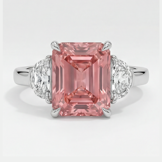 Padparadscha Sapphire Ring 3.6 Carat Natural Radiant and White Half Moon Three Stone Platinum