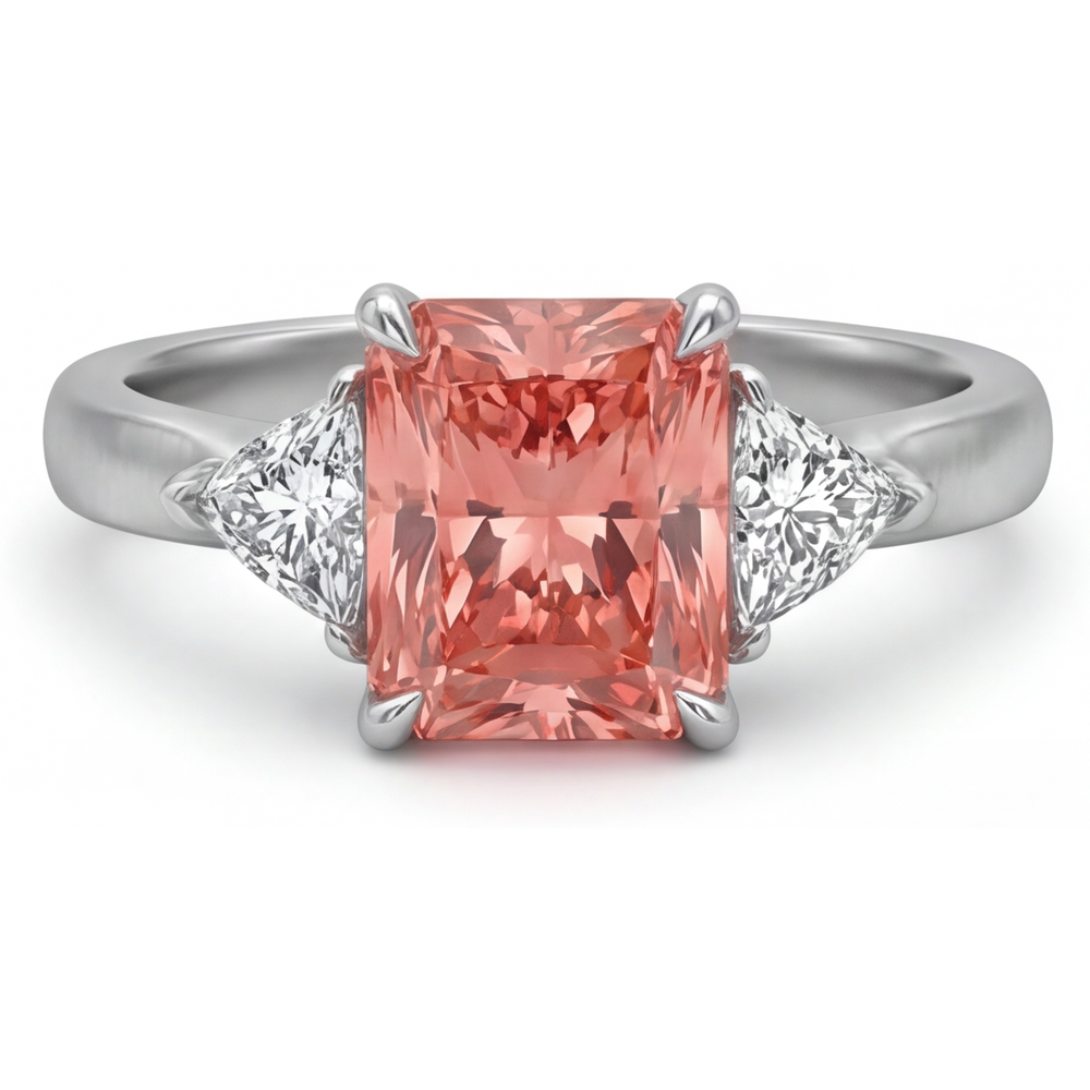 Peach Color Sapphire 3.4 Carat Genuine Radiant Padparadscha and White Trilliant Three Stone Cathedral Ring 14K Gold