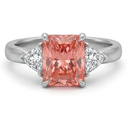 Padparadscha Sapphire Ring 2.9 Carat Genuine Radiant and White Trilliant Three Stone 14K Gold