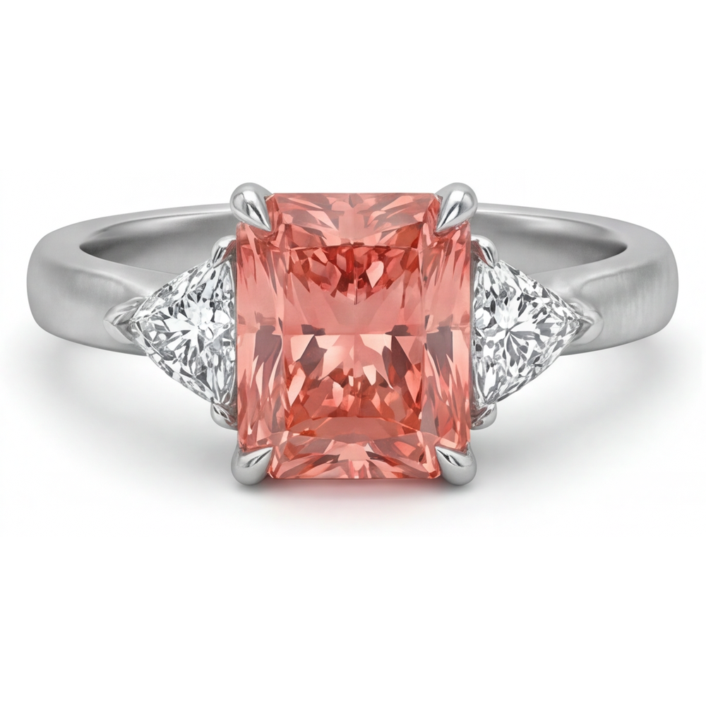 Padparadscha Sapphire Ring 2.9 Carat Genuine Radiant and White Trilliant Three Stone 14K Gold