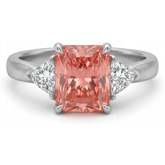 Padparadscha Sapphire Ring 2.9 Carat Genuine Radiant and White Trilliant Three Stone 14K Gold