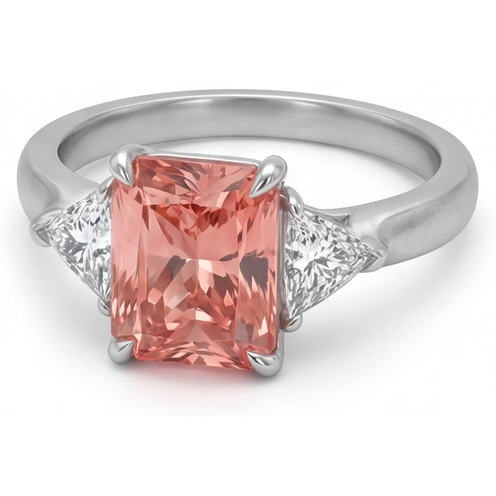 Peach Color Sapphire 3.4 Carat Genuine Radiant Padparadscha and White Trilliant Three Stone Cathedral Ring 14K Gold