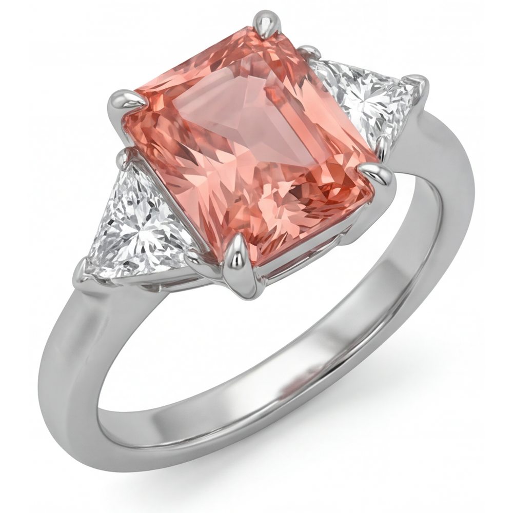 Padparadscha Sapphire Ring 2.9 Carat Genuine Radiant and White Trilliant Three Stone 14K Gold