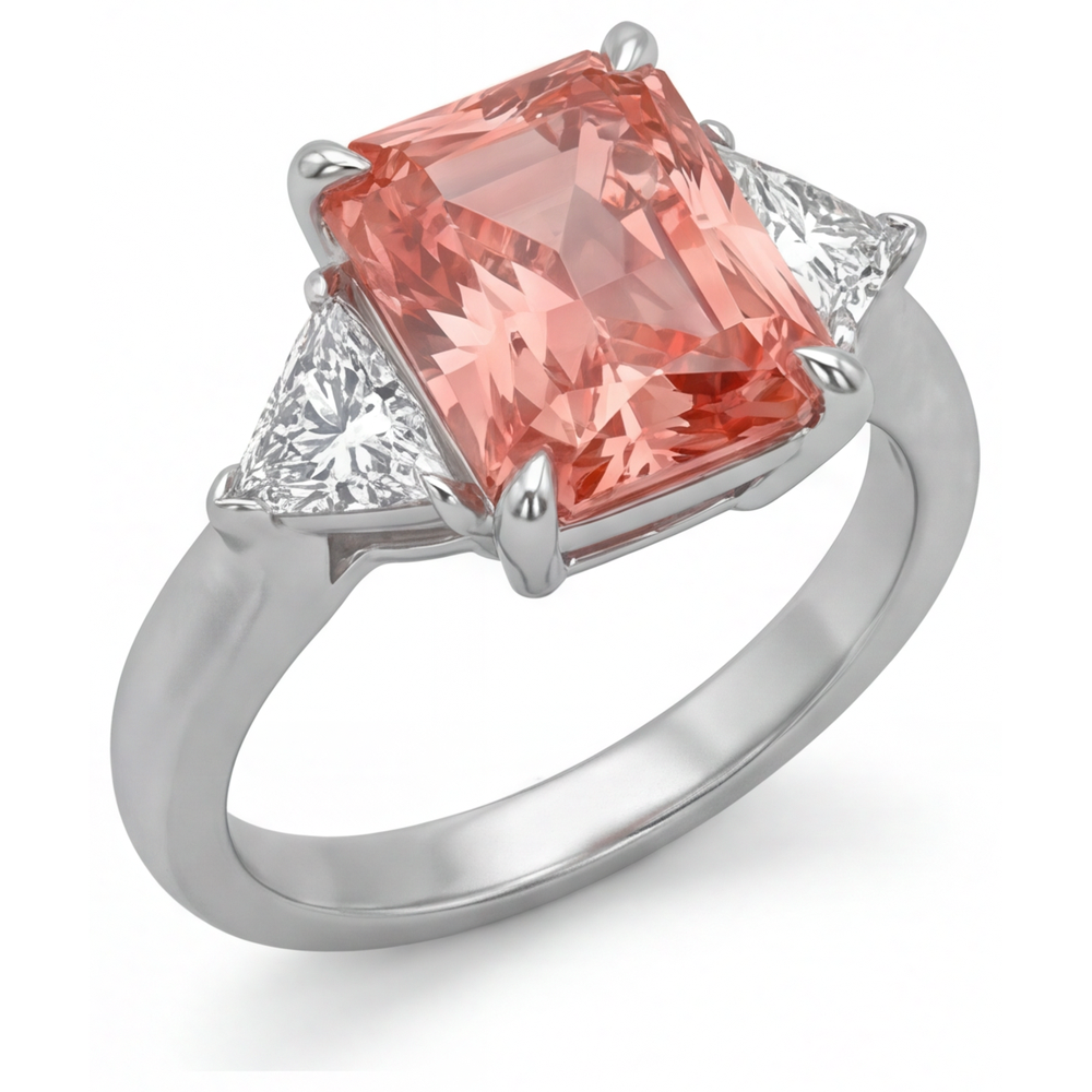 Peach Color Sapphire 3.4 Carat Genuine Radiant Padparadscha and White Trilliant Three Stone Cathedral Ring 14K Gold