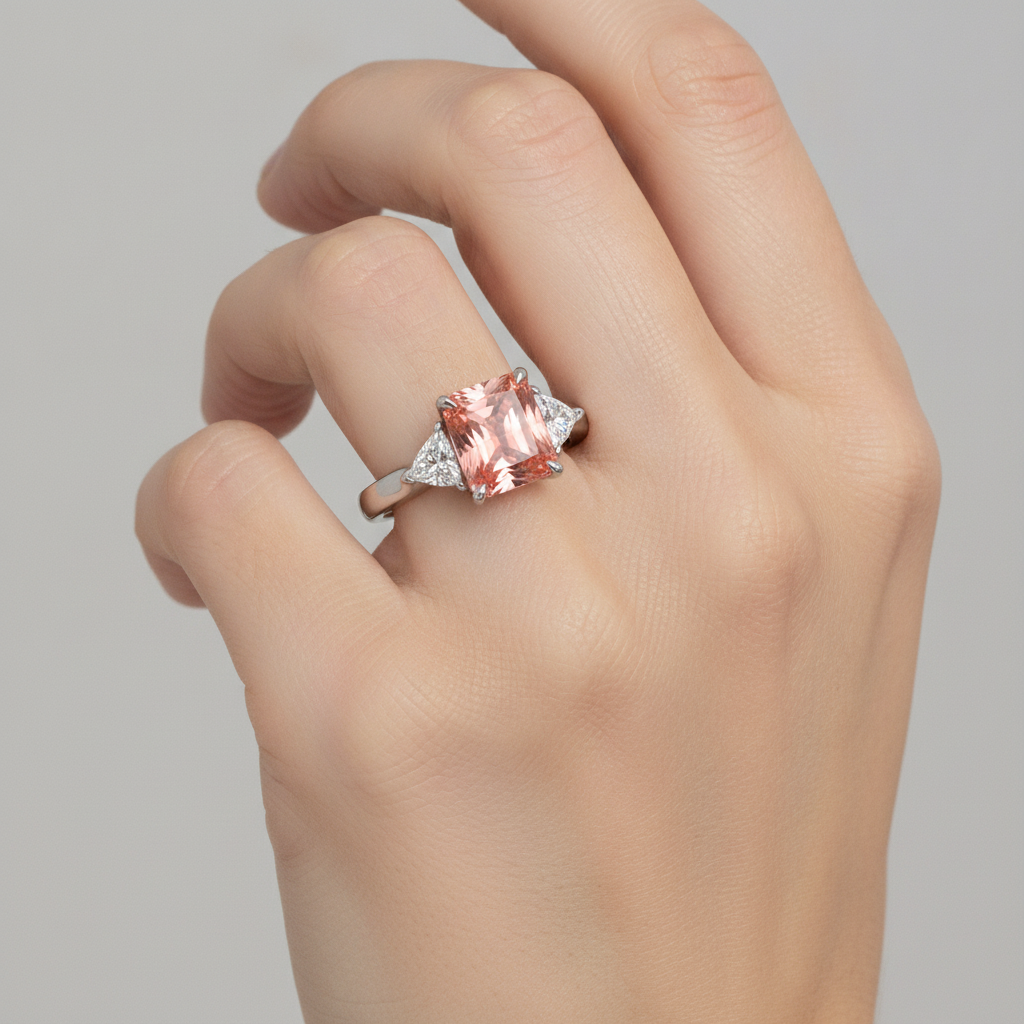 Padparadscha Sapphire Ring 2.9 Carat Genuine Radiant and White Trilliant Three Stone 14K Gold