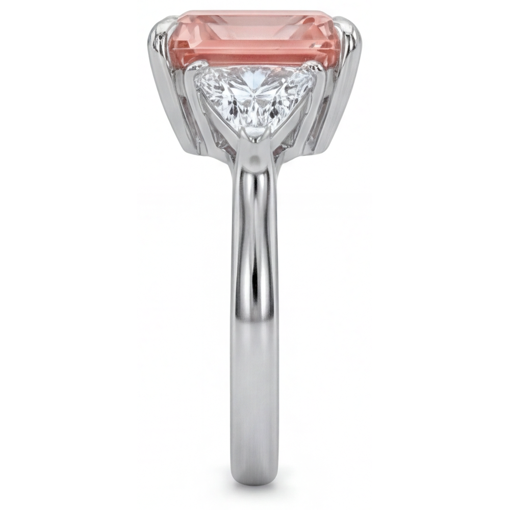 Peach Sapphire Engagement Ring 2.9 Carat Real Radiant Padparadscha and White Trilliant Three Stone Plain 14K Gold