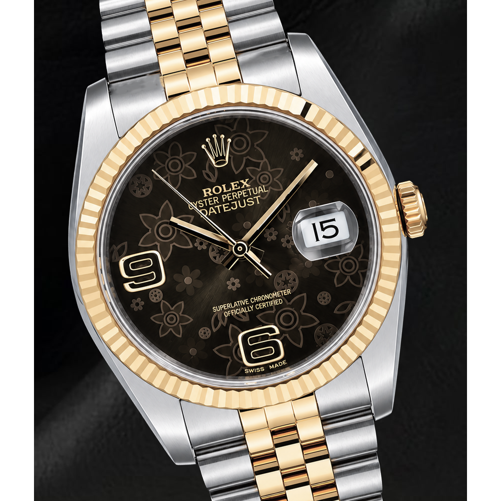 Rolex 116233 Datejust 36mm Brown Floral Arabic Dial Two Tone Watch