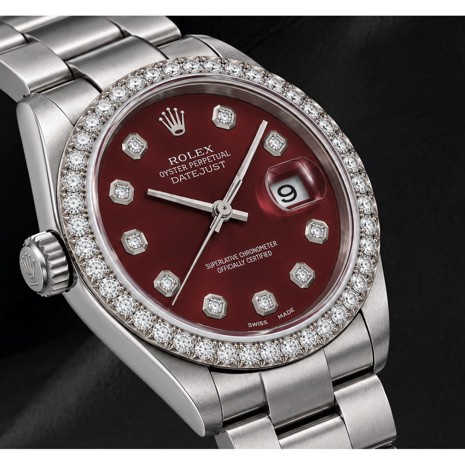 Rolex 16200 Datejust 36mm Red Diamond Dial Stainless Steel Watch