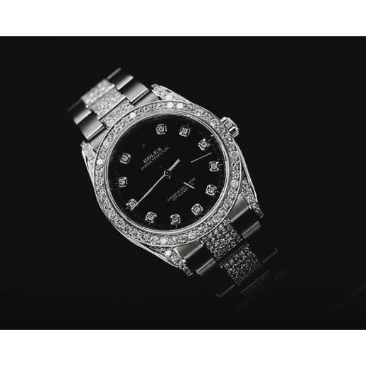 Rolex Black Dial No Date Midsize Watch Custom Diamonds 6 Ct. Ss