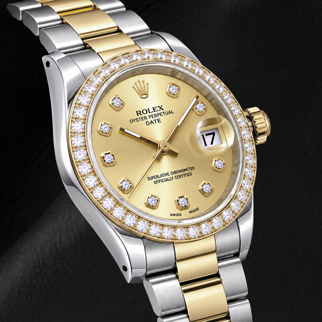 Rolex Date 15223 34mm Champagne Diamond Dial Two Tone Watch