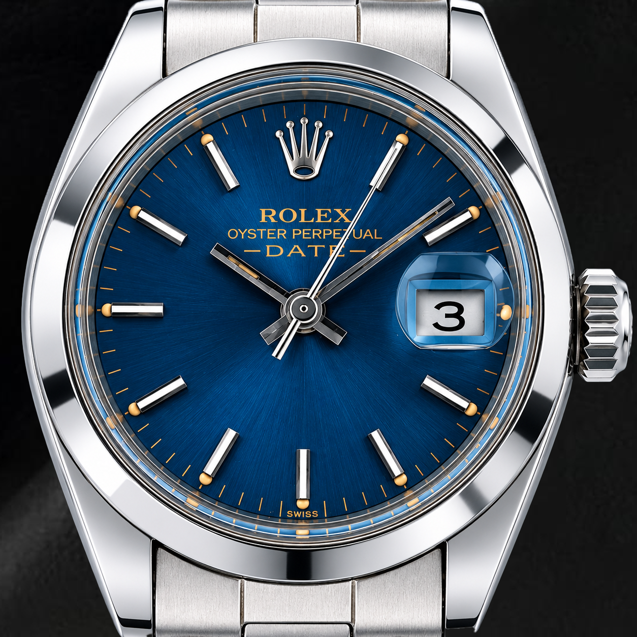 Rolex Date 26mm 6916 Blue Dial Smooth Bezel Stainless Steel Watch