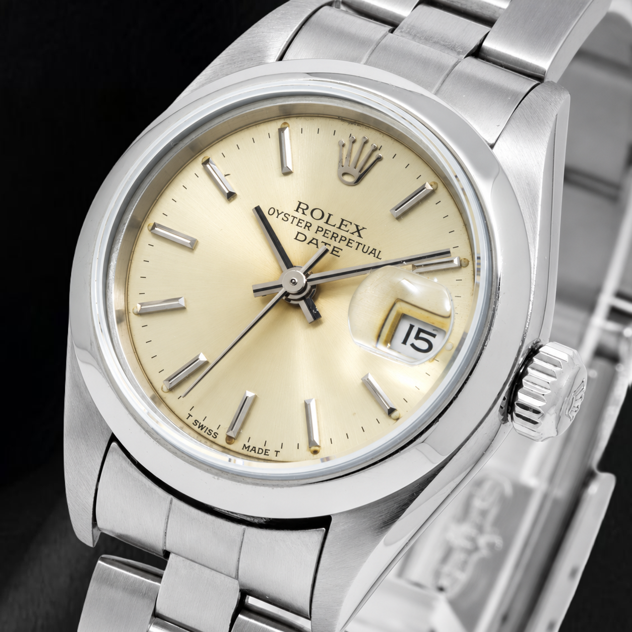 Rolex Date 79160 26mm Champagne Stick Dial Smooth Bezel Stainless Steel Watch