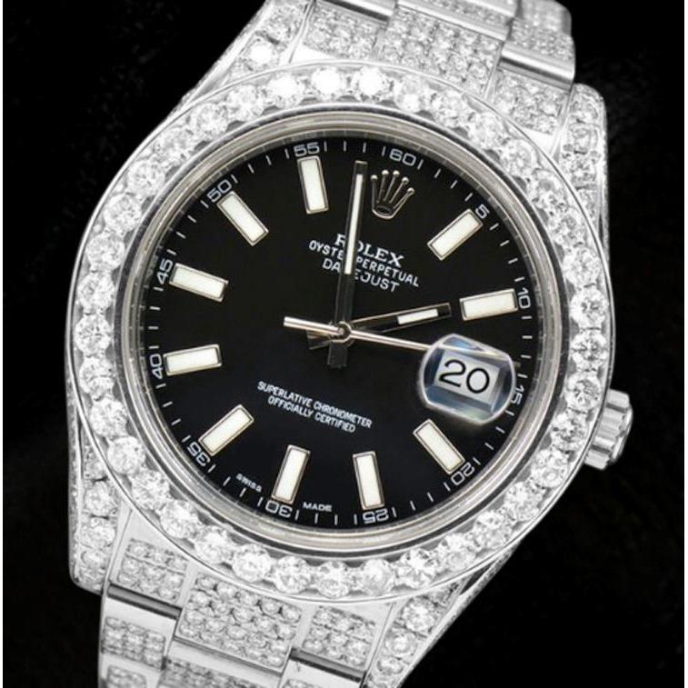 Rolex Date Just Ii 41 Mm Black Dial Iced Out Diamond Men Watch Ss
