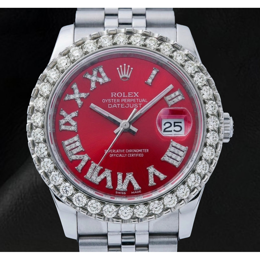 Rolex Datejust 116200 36mm Red Roman Diamond Dial Stainless Steel Watch